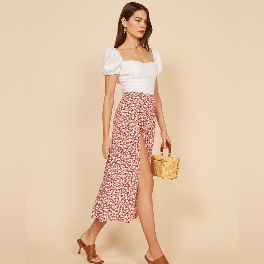 Reformation Red Floral Midi Skirt